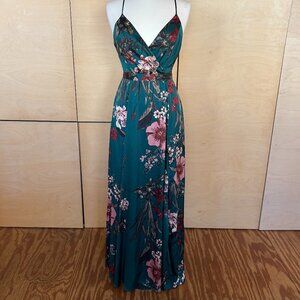 Lulus Emerald Green Floral Print Satin Maxi Dress - Size M